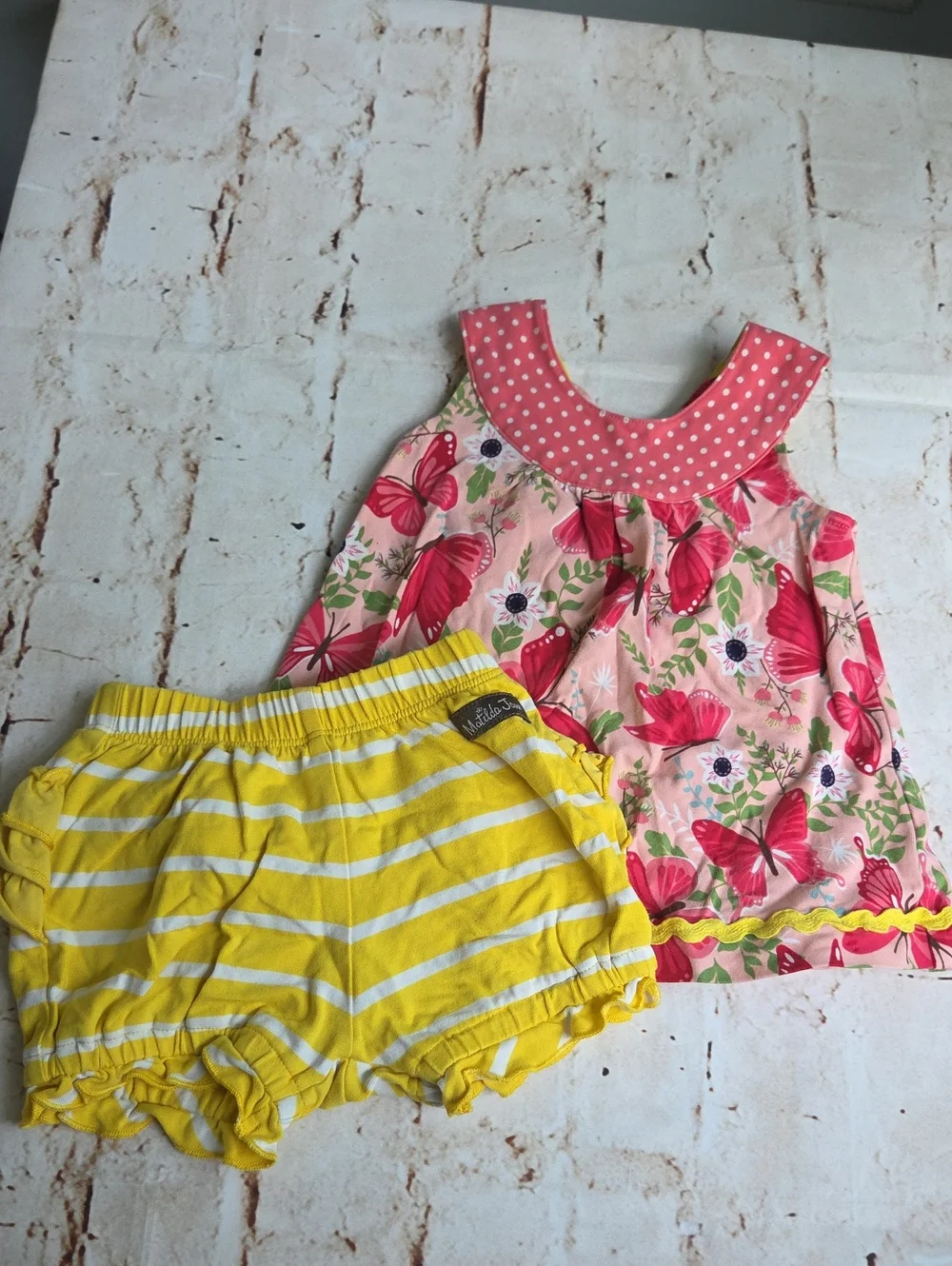 Matilda Jane Pink Butterfly Top & Yellow Stripe Shorts Set